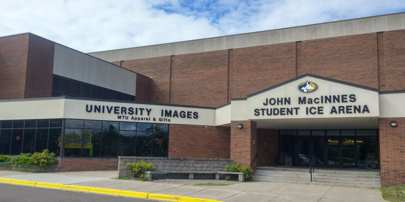Spring picture of University Images store front at John MacInnes Student Ice Arena